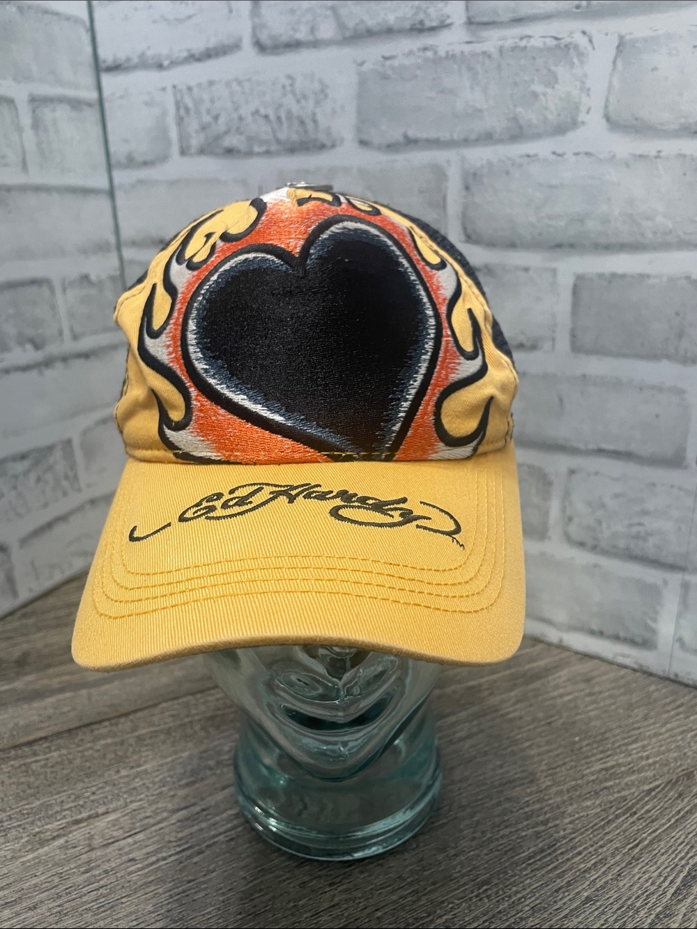 Ed Hardy Yellow Cap with Black Heart and Orange Flames Y2K. OS. Preowned.